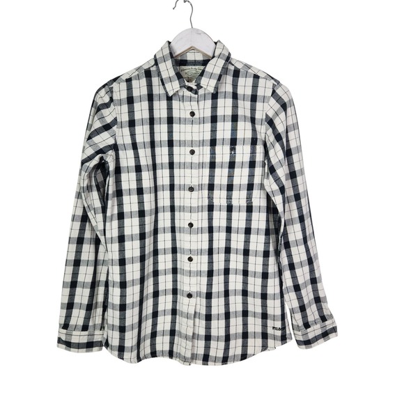 FILSON Alaskan Guide Shirt Womens Medium Cream Black Plaid Flannel Button Front - Picture 2 of 12